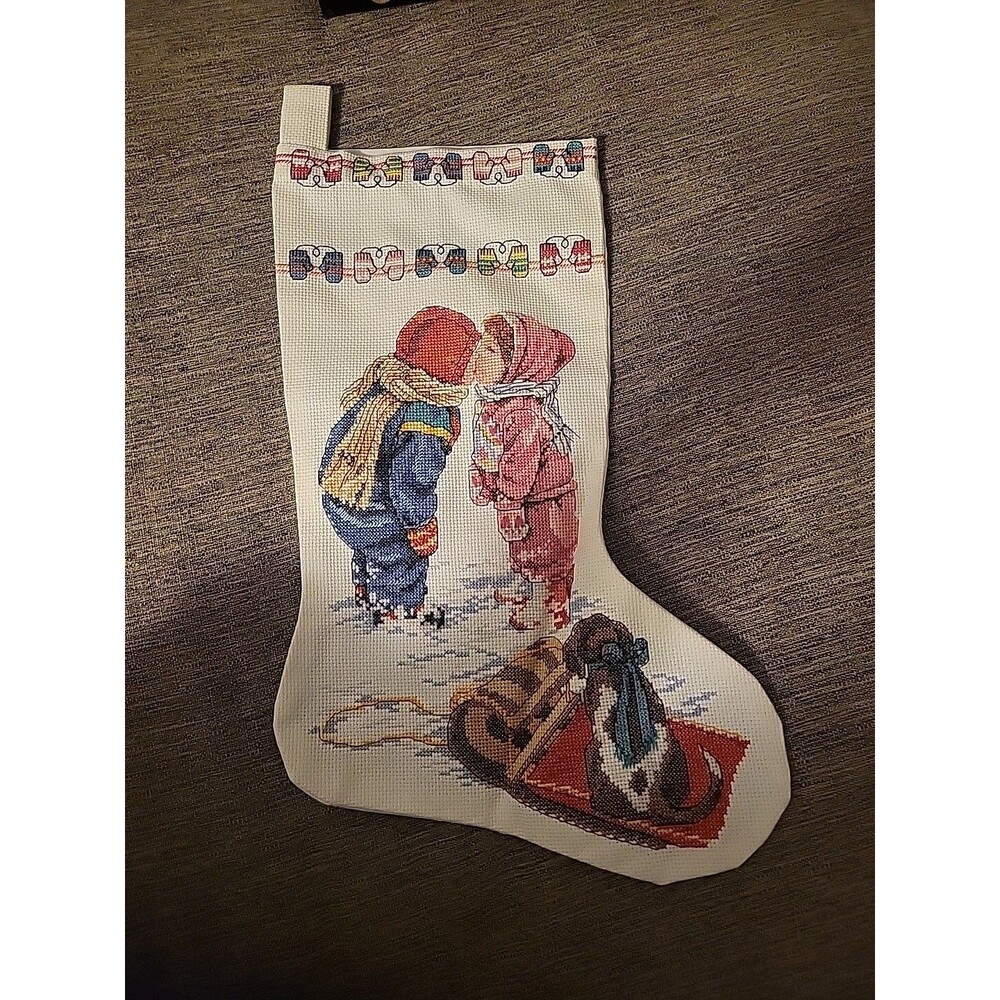 Kissin' Cousins Vintage Christmas Stocking Cross Stitch Complete Bucilla Cute!